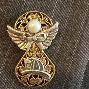 Firefighter Angel Lapel Pin Gold Silver Tone FD Helmet Faux Pearl Brooch